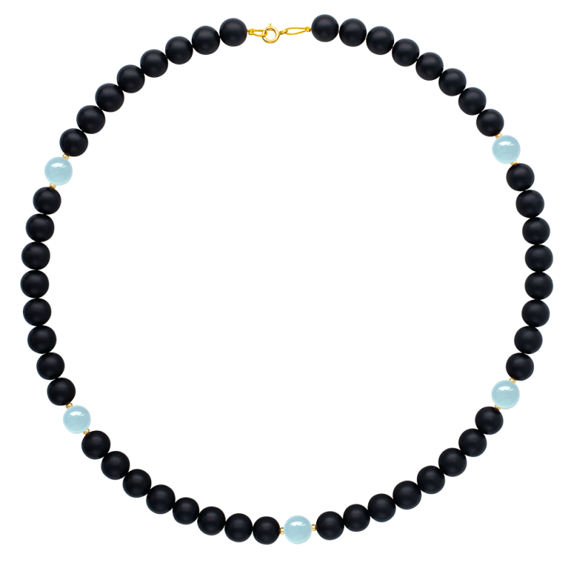 Κολιέ με Κ14 χρυσό κούμπωμα, Black Agate και Aqua - F125301AQ