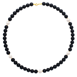 Κολιέ με Κ14 χρυσό κούμπωμα, Black Agate και λευκά μαργαριτάρια - F125301P