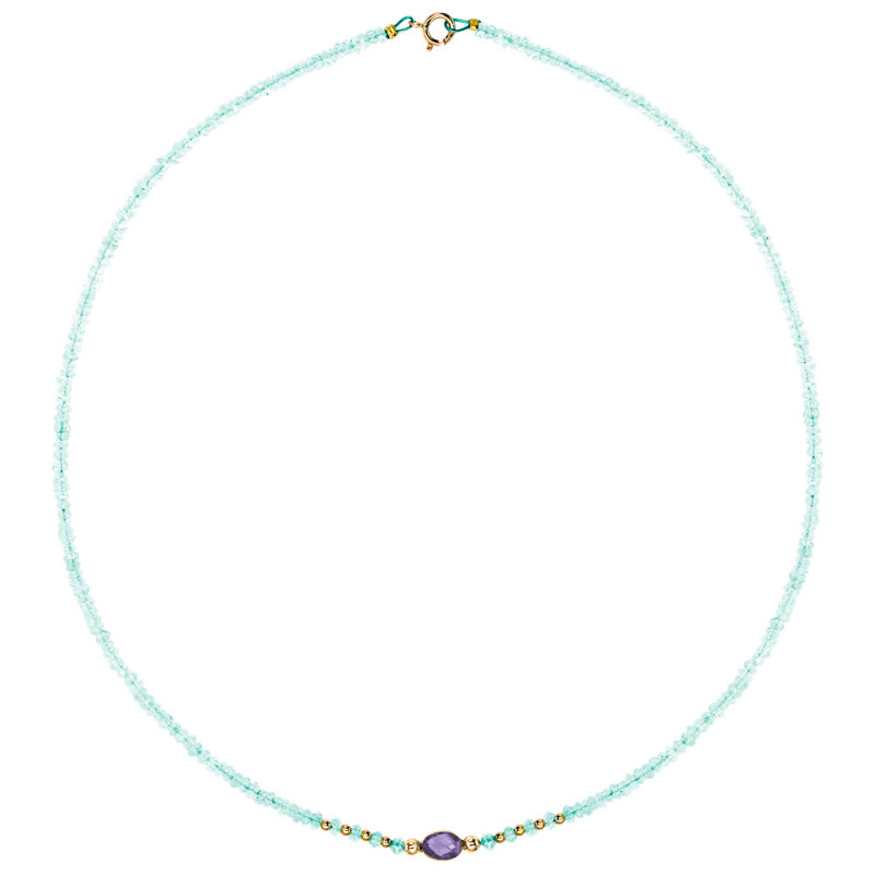 Κολιέ με Κ14 χρυσά στοιχεία, aqua και amethyst - F124142A