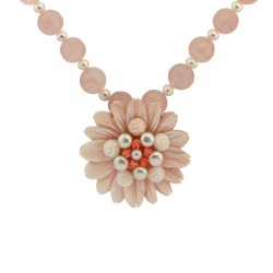 Κολιέ με λευκόχρυσο κούμπωμα K18, Pink Quartz και μαργαριτάρια - M114955