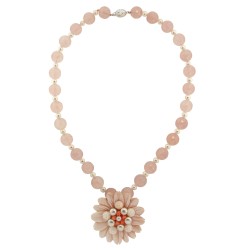 Κολιέ με λευκόχρυσο κούμπωμα K18, Pink Quartz και μαργαριτάρια - M114955