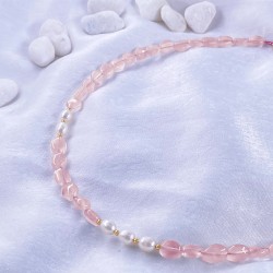 Κολιέ με Κ14 χρυσά στοιχεία,  rose quartz και λευκά μαργαριτάρια - F124490R