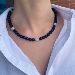 Κολιέ με Κ14 χρυσό κούμπωμα, Black Agate και Aqua - F125301AQ